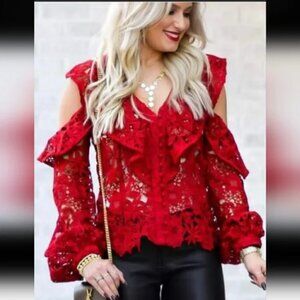 Bardot Red Lace Cold-Shoulder Ruffled Blouse